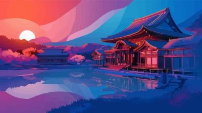 Gradient Japanese Temple by the Lake – Free Download