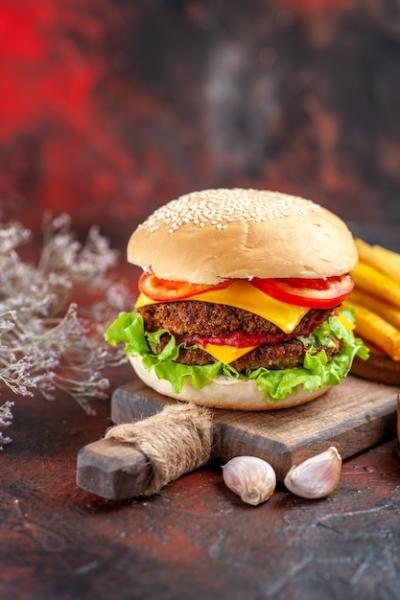 Tasty Meat Burger with French Fries on Dark Background – Free to Download