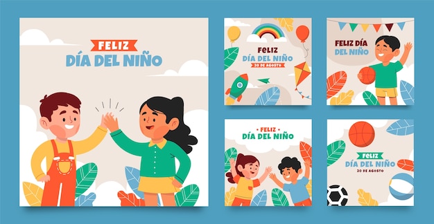 Children’s Day Celebration Flat Instagram Posts Collection in Spanish – Free Download