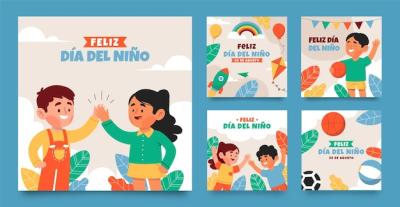 Children’s Day Celebration Flat Instagram Posts Collection in Spanish – Free Download