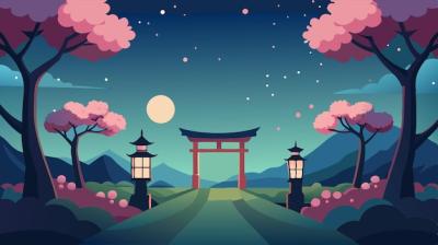 Nighttime Japanese Cherry Garden with Sakura Blossom in Spring Park – Free Download