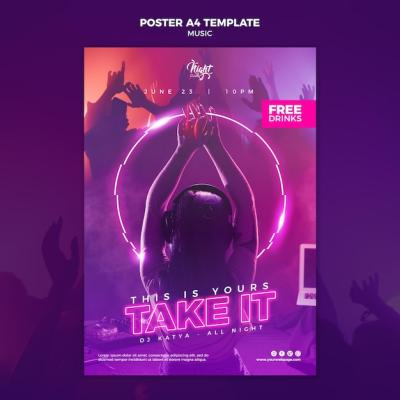 Neon Poster Template for Electronic Music Featuring a Female DJ – Free Download