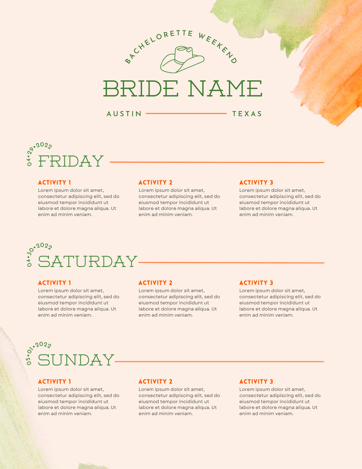 Cute Bachelorette Itinerary Template