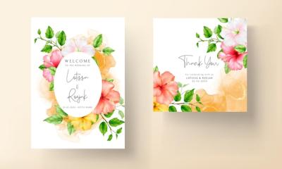 Beautiful Watercolor Hibiscus Flower Wedding Invitation Card Template – Free Download