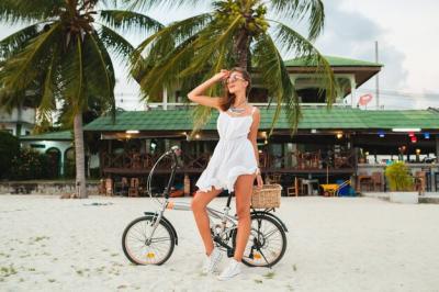 Young Smiling Woman on Bicycle in Tropical Beach, Thailand – Free to Download