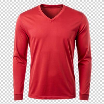 V Neck Long Sleeve Red Tee Shirt on Transparent Background – Free to Download