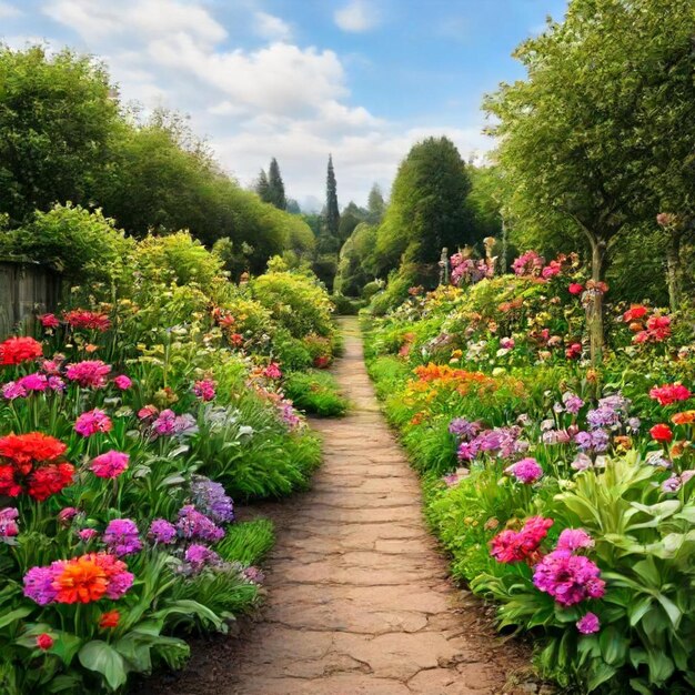 A Pathway Surrounded by Vibrant Flowers and Trees – Free Download