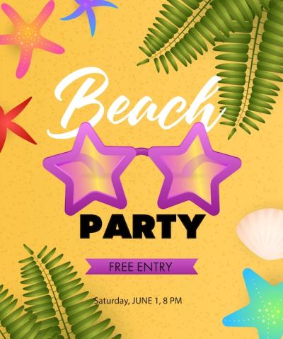Beach Party Lettering Design Featuring Star-Shaped Sunglasses – Free Download