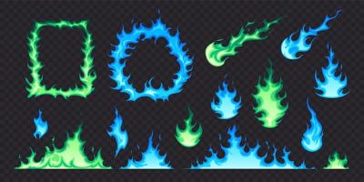 Fire Flat Set Featuring Green and Blue Flames in Various Shapes – Free Download