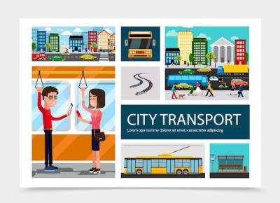 Colorful Flat City Transport Scene with Automobiles and Buildings – Free to Download