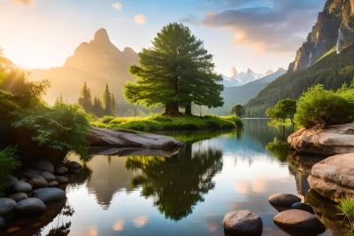 Scenic Digital Painting of a Mountain Lake and Trees – Free Download