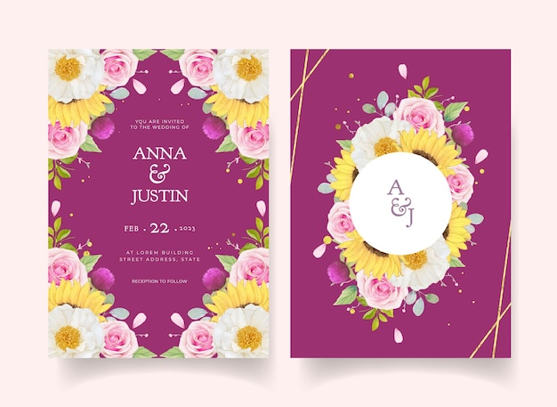 Beautiful Wedding Invitation Featuring Watercolor Pink Roses and Sunflower – Free Download