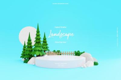 Cute Podium Stage on Green Valley Landscape Background Template with Pine Trees – Free Download