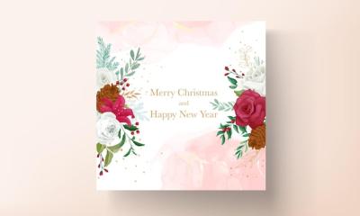 Christmas Card Template Design Featuring Beautiful Flowers and Gold Leaves – Free Download