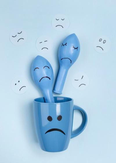 Sad Mug with Frowning Balloons on Blue Monday – Free Download