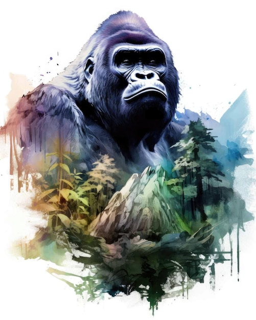 Gorilla and Nature Mountains in Watercolor Art – Free Stock Photo, Download Free