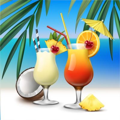 Vector Tropical Cocktails: Tequila Sunrise and Pina Colada on Azure Seaside with Palm Leaves Background – Free Download