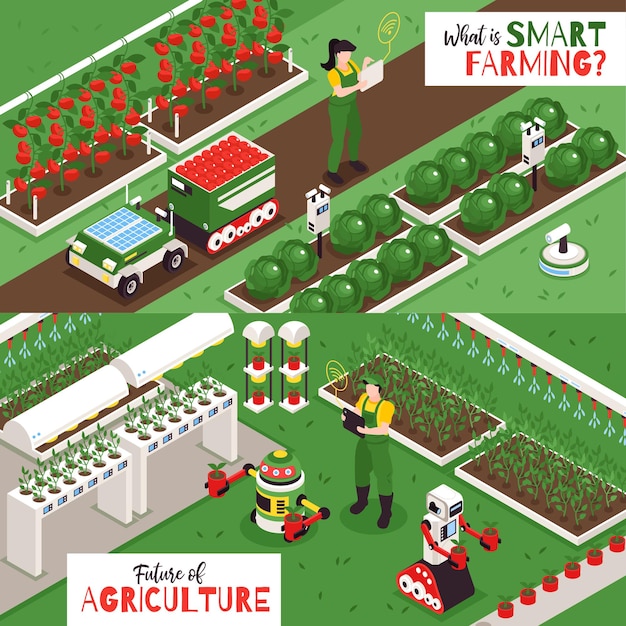 Isometric Smart Farm Composition and Human Characters Illustration – Free Download