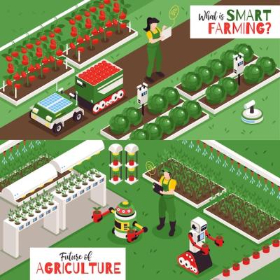Isometric Smart Farm Composition and Human Characters Illustration – Free Download