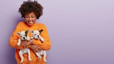African American Woman in Orange Sweater with Adorable Puppies – Free Download