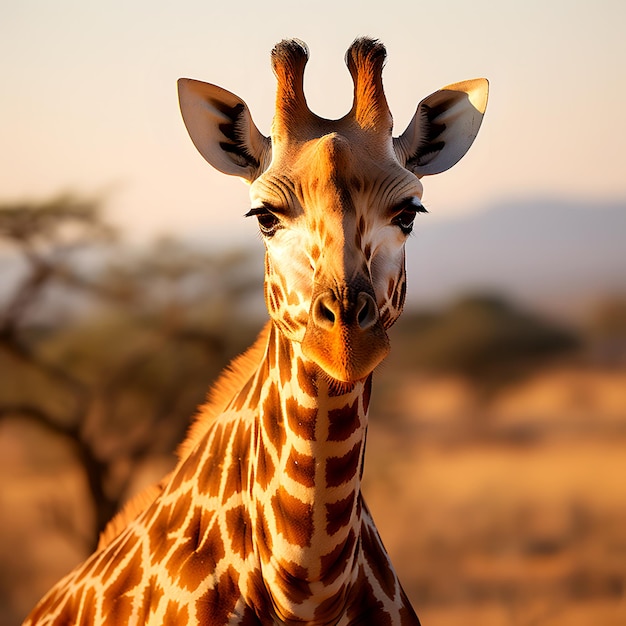 Majestic Giraffe Portrait Against a Warm Sunset Savannah Backdrop – Free Download