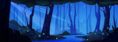 Night Forest Landscape with River and Glowing Green Fireflies – Free Download