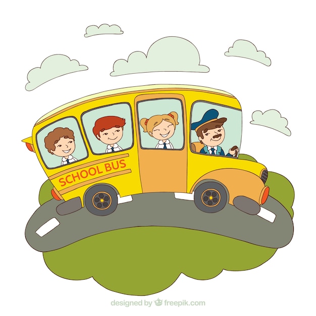 Hand Drawn School Bus with Children – Free Download