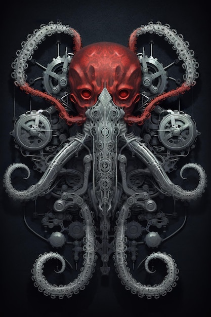 A Red Octopus with Gears: Generative AI Image – Free Download