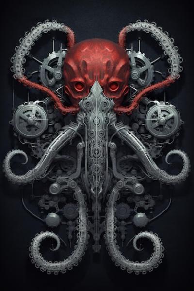 A Red Octopus with Gears: Generative AI Image – Free Download