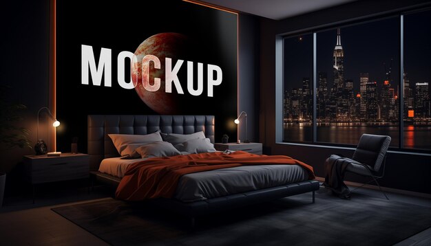 Modern and Luxury Apartment Bedroom with Comfortable Bed and Wall Canvas Mockup – Free Download