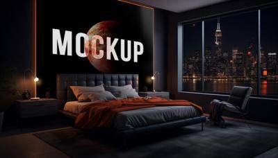Modern and Luxury Apartment Bedroom with Comfortable Bed and Wall Canvas Mockup – Free Download