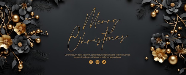 Christmas Banner Design Featuring Black and Gold Decorations with Balls and Flowers – Free Download