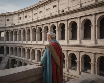 A Man in a Blue Robe Stands on a Ledge by a Building – Free to Download
