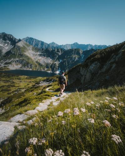 Scenic Man Walking on a Stone Pathway by Mountains and Lake – Free to Download