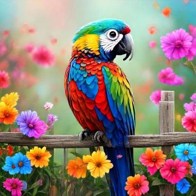 A Colorful Parrot on a Fence Surrounded by Flowers – Free Stock Photo – Download Free