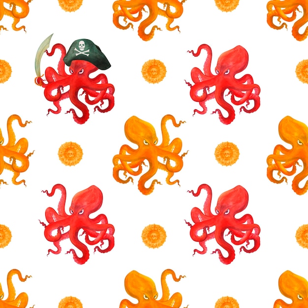 Cartoon Seamless Pattern Featuring Red and Yellow Octopuses and Pirate Coins – Free Download