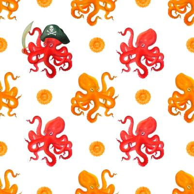 Cartoon Seamless Pattern Featuring Red and Yellow Octopuses and Pirate Coins – Free Download