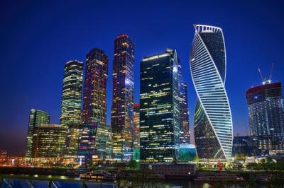 Skyscrapers of Moscow City Business Center: Illuminated Downtown Architecture and Landmark of Moscow – Free Download