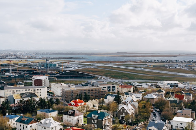 Aerial Panorama of Downtown Reykjavik Featuring Colorful Houses and Commercial Streets – Free Download