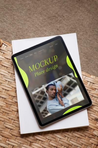 Tablet Mock-Up Featuring a Cozy Wooden Furniture Scene – Free Download