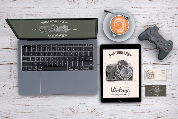 Photography Concept Stationery Mockup from Above – Free Download