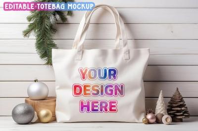 Editable Clean Christmas Canvas Tote Bag PSD Mockup Template – Free Download