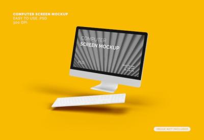 Mockup of a Flying Computer Screen with Keyboard – Free to Download