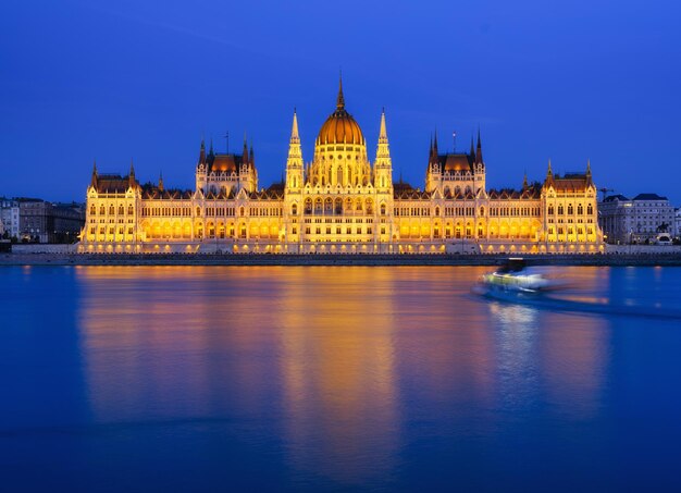 Parliament Building in Budapest, Hungary – Evening Illumination Reflected in the Danube River | Free Download