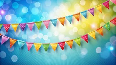 Colorful Party Flags on Blue and Yellow Bokeh Background – Free Download