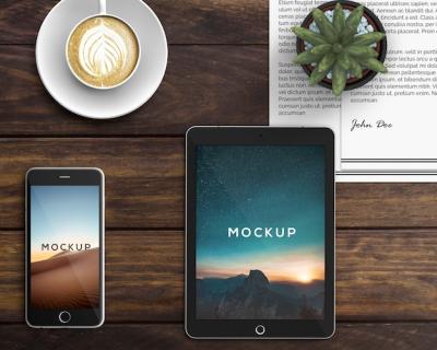 Creative Stationery Concept Featuring Tablet and Smartphone Mockup – Free Download