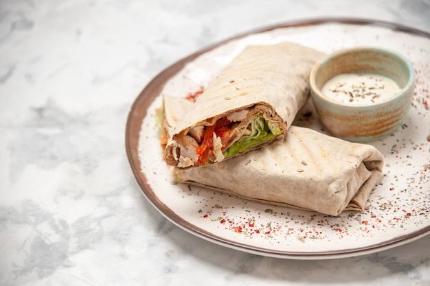 Lavash Wrap and Yogurt Close-Up on Stained White Surface – Free Stock Photo for Download