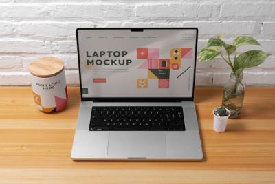 High Angle Laptop in a Simple Scenario Mockup – Free Stock Photo for Download