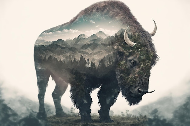 Wondrous Male Bison Grazing on Grassland with Double Exposure Natural Background – Free Download