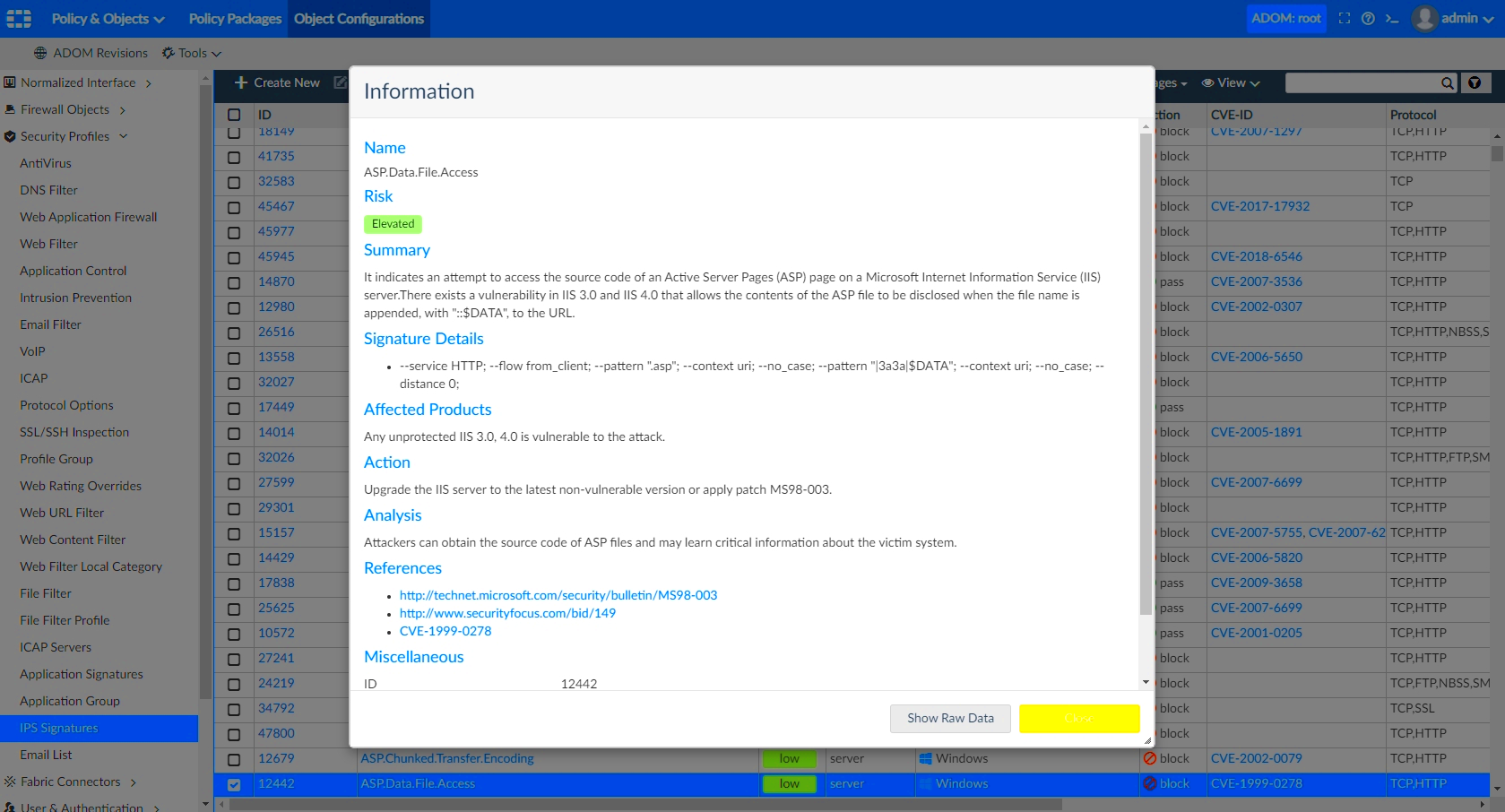 New IPS signatures monitoring page FortiManager 700